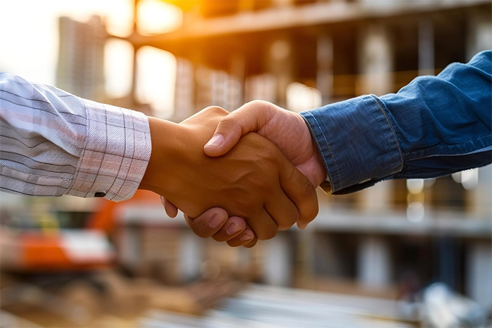 Foundation Repair, Insulation, Mold Remediation, and Waterproofing Contractors in Arverne, NY, Two People Shaking Hands at A Construction Site