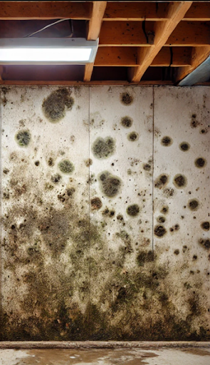 A before picture of a mold infested basement wall in the Brentwood home