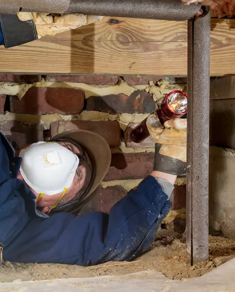 Lally Columns Contractor New York - A Structural Repair Technician Measuring a Crawl Space to Start Lally Column Installation<br />
