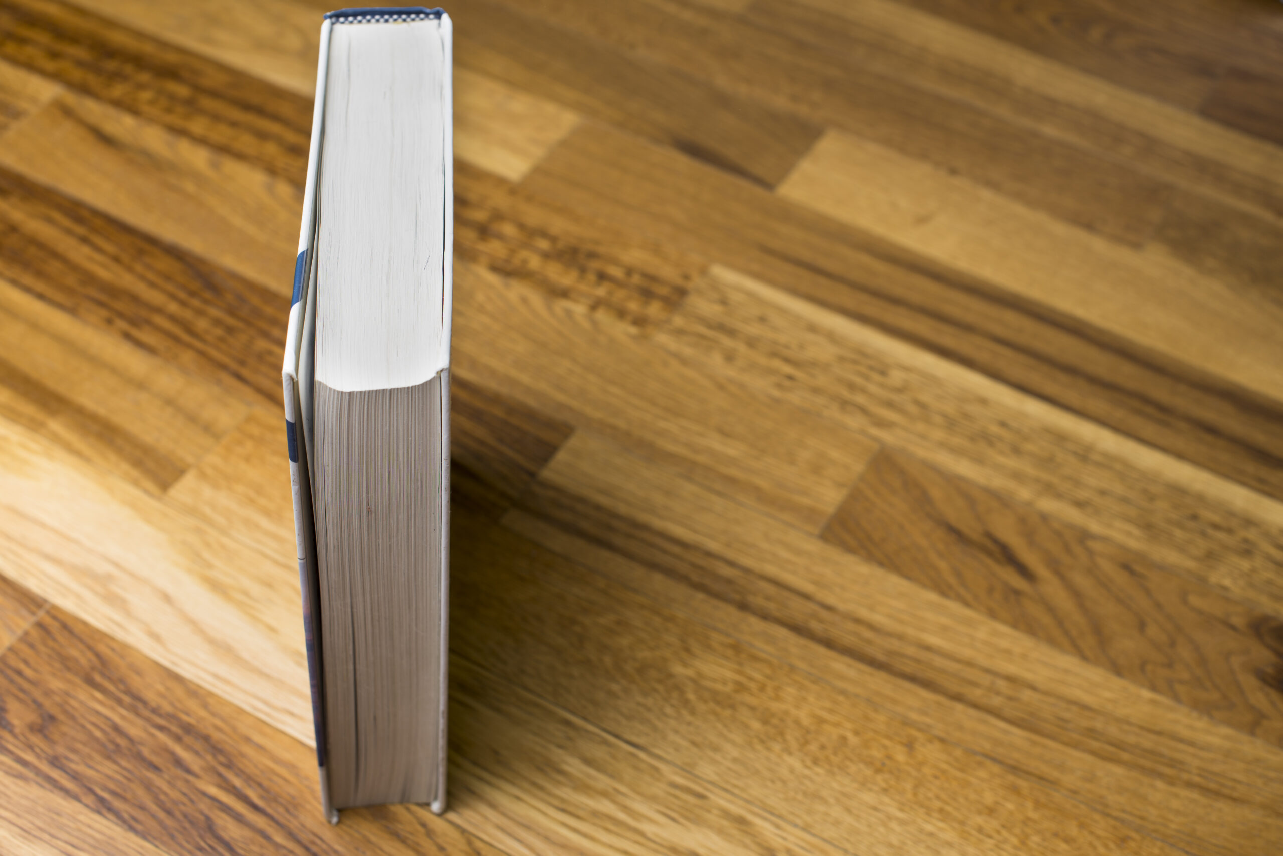 A book standing on luxury vinyl plank flooring (LVP) in a home 