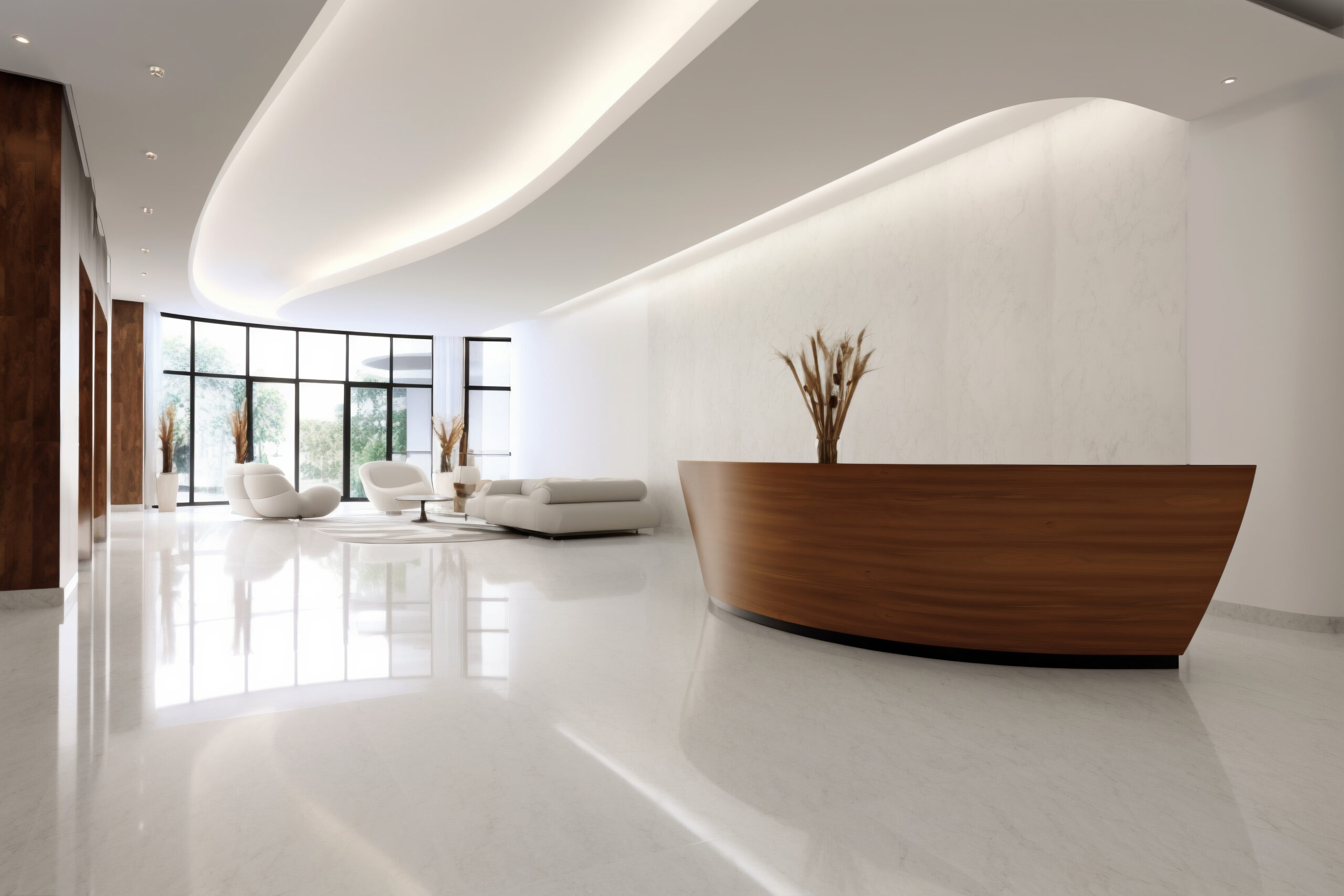 A high gloss epoxy flooring in white on the ground floor of a contemporary home 