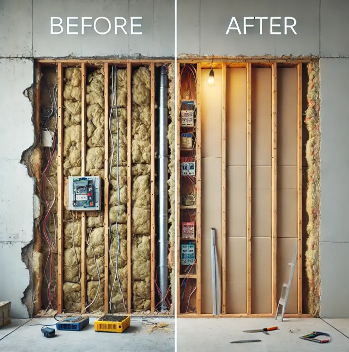 A before and after picture of the wall cavity in Coram, NY