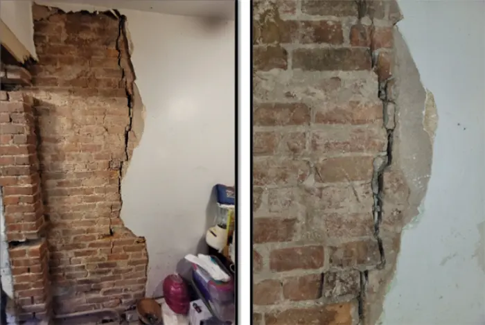 The structural cracks in the wall that were causing issues in the stabilization of the facade in Brooklyn Brownstone, NY