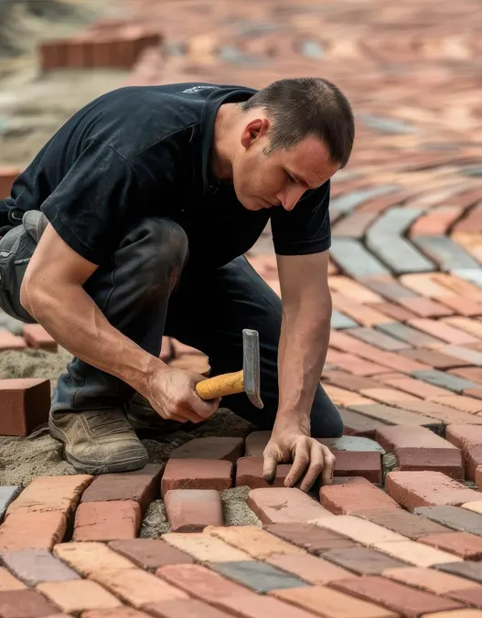 A contractor carefully places pavers to create a custom deck design.