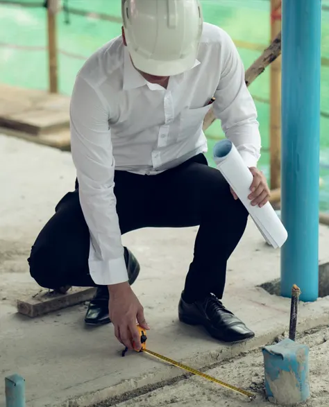 A contractor in a hard hard checking with a measuring tape if the concrete slabs are well balanced after concrete raising 