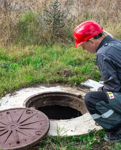 A contractor in a hard hat hunched over an open water well in the yard