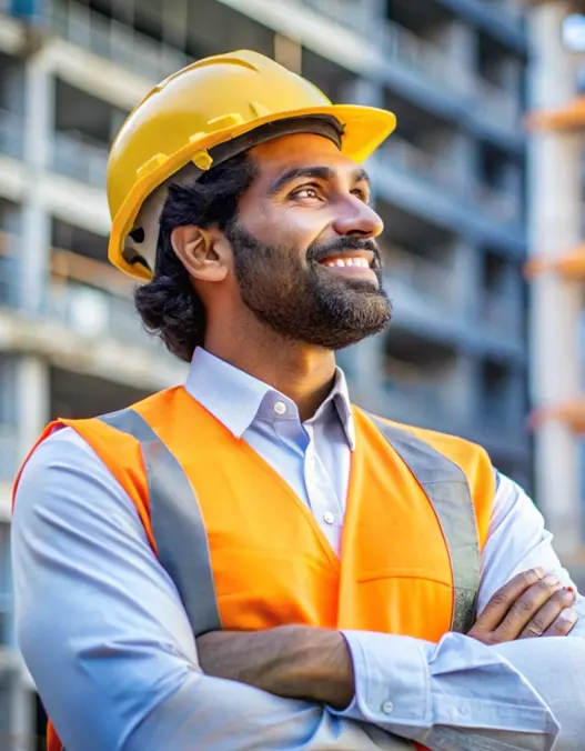 A contractor in front of a building in a hard hat and arms crossed gazing up and smiling