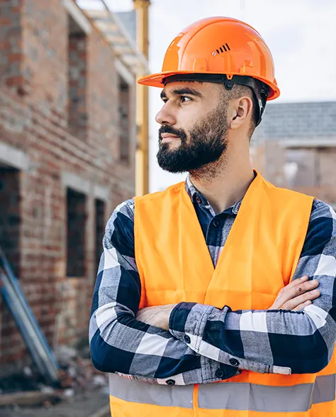 A contractor standing cross-armed in front of a brick building 