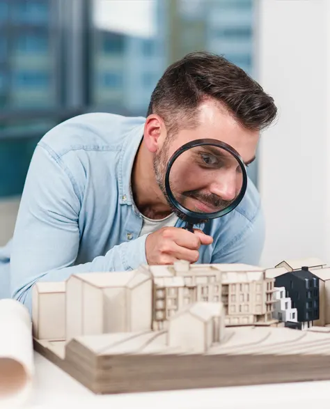 A man holding a magnifying glass against his eye depicting he is looking for something<br />
