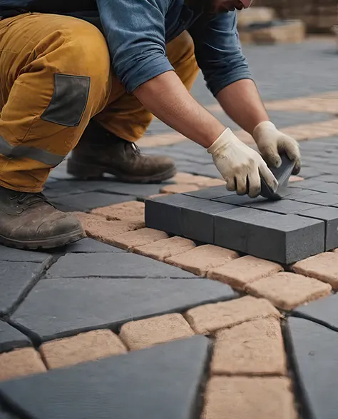 A man in gloves laying pavers on the ground