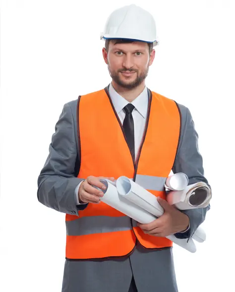 A professional contractor holding charts of blueprint and wearing a hard hat.