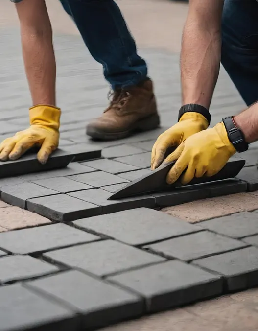 A team of contractors working on a paver deck installation project.