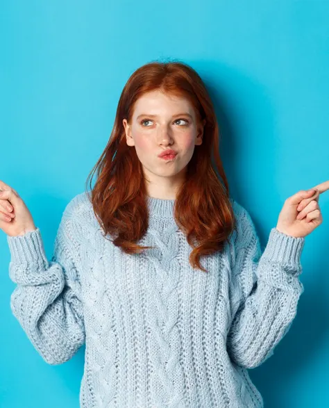 A woman holding two fingers up in opposite directions to show<br />
