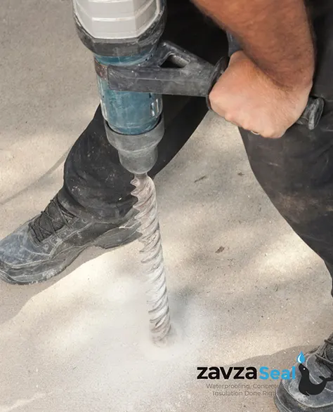 A Zavza Seal LLC expert drilling a concrete slab to inject it with mudjacking mixture to restore its level.