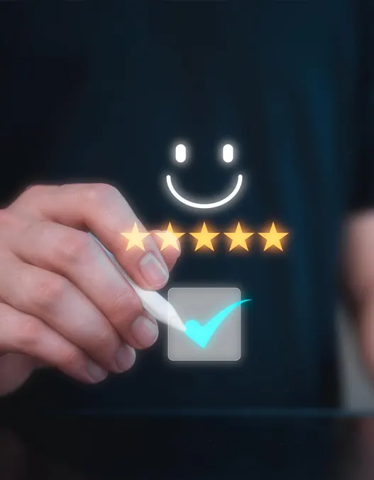 An icon of a check mark below 5 stars and a happy face showing a 5-star review