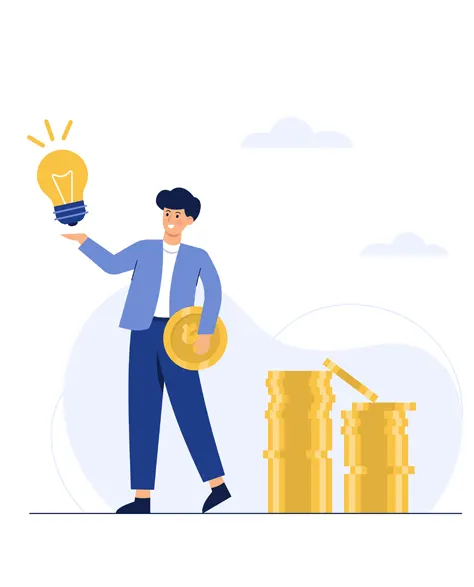 A businessman holding a light bulb in one hand and holding a coin in the other standing against a stack of coins