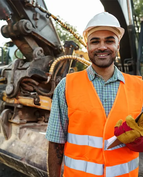 A contractor in a hard hat in front of a truck<br />
