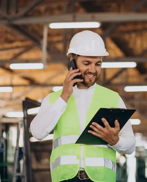 A contractor in a hard hat speaking on the phone while reading from his clipboard