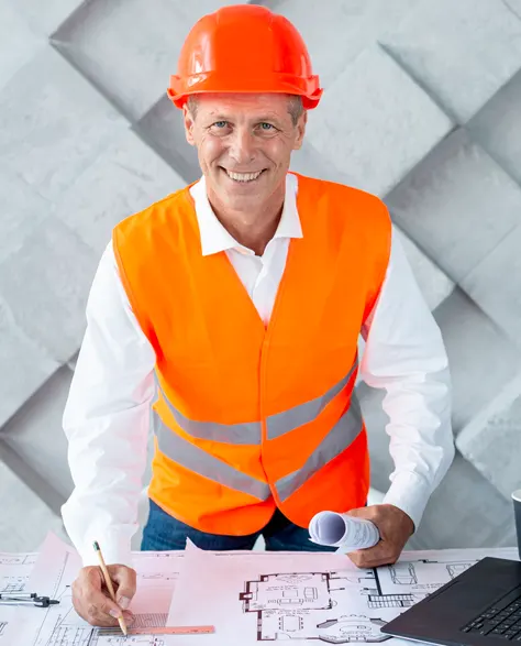 A general contractor in an orange hard hat and reflective vest leaning over a study table with blueprints and smiling