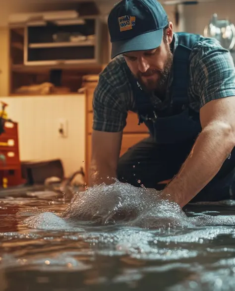 A contractor in overalls fixing flooding in a basement kitchen 