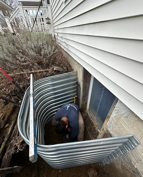 Egress Window Installation: A contractor from Zavza Seal LLC installing an egress window