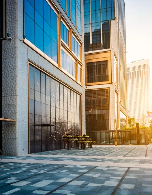 The front view of a modern and tall building 