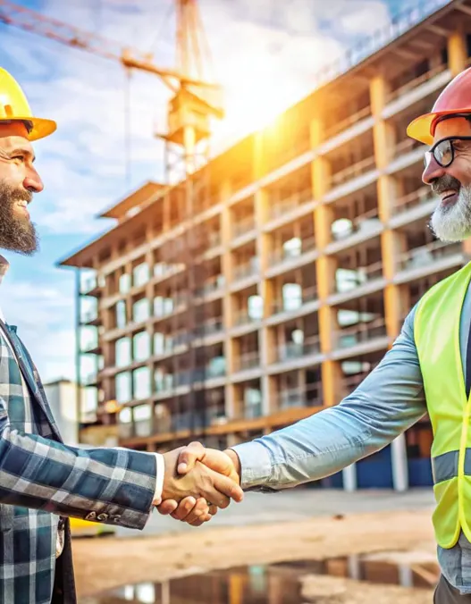 A homeowner and a construction worker in hard hats shaking hands over a successful deal 