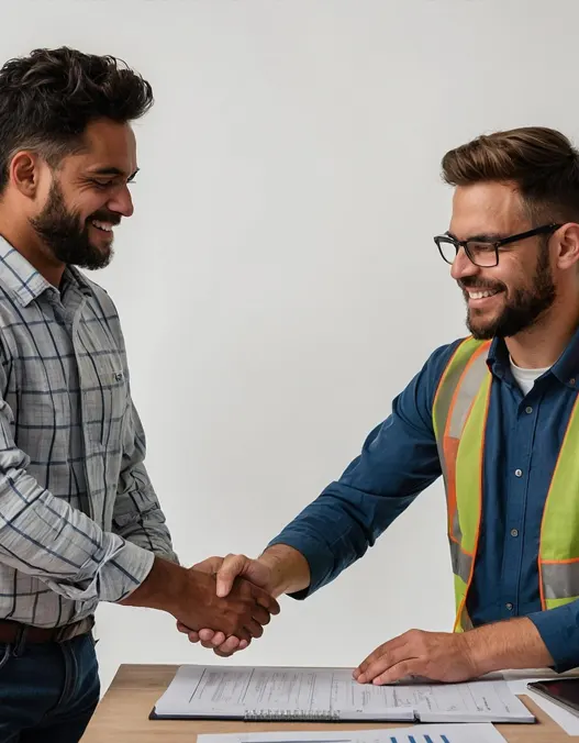 A homeowner and a contractor shaking hands