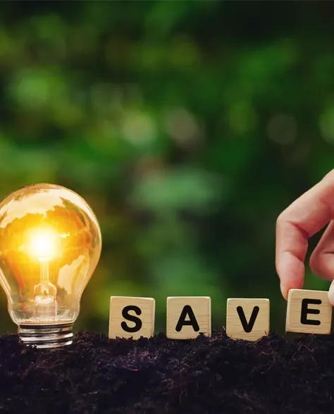 Air Sealing Installation: A light bulb sowed in earth along with some wooden cubes with the words, “save” on it