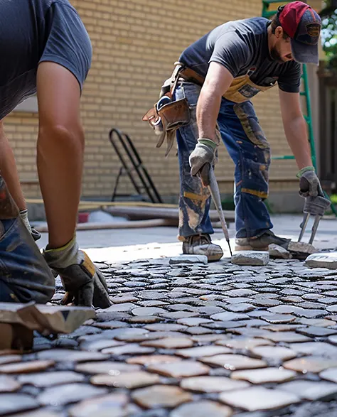 Professionals in construction clothes and overalls laying paving around a home