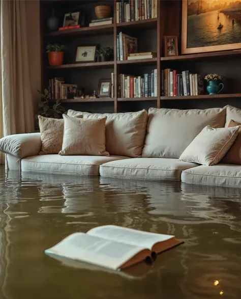 Sump pump battery backup Installation: A living room of a house flooded with water