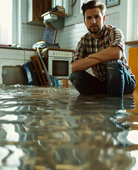 Sump Pump Installation: A man kneeling in his flooded kitchen looking upset 