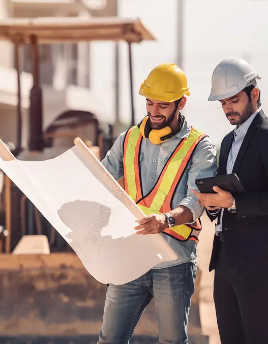 Two construction workers on a construction site studying a blueprint while wearing hard hats