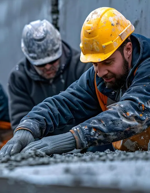 Two contractors in hard hats standing in a building observing a distant blue print.