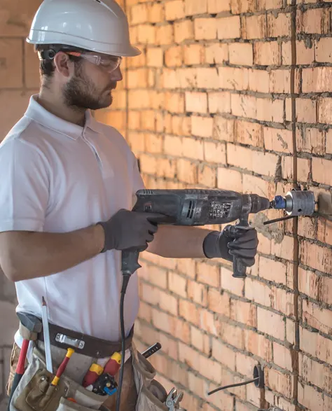 A construction worker using a jack hammer on a foundation wall 