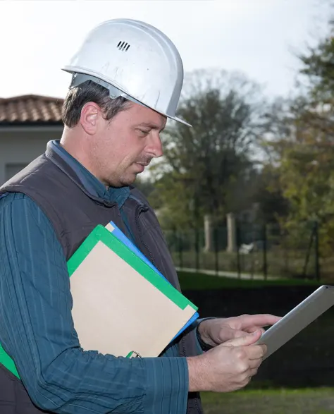 A contractor going through his tablet to study the project at hand </p>
<p>