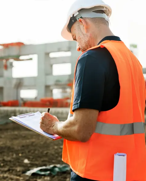 A contractor in a vest and hard hat carrying out a construction inspection at a site<br />
