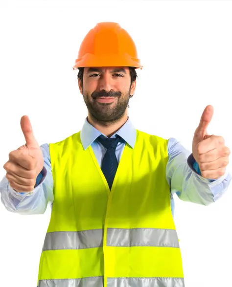 A contractor in a vest and hard hat giving a thumbs up with both hands