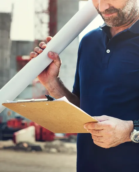 A contractor inspecting a basement’s structural support system.