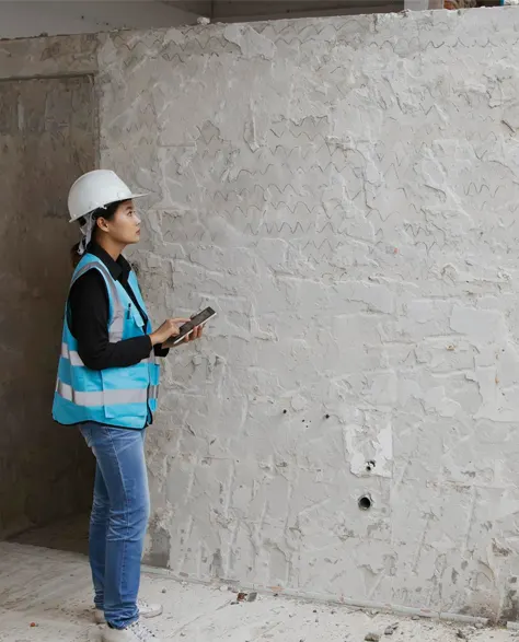 A contractor inspecting a wall before carbon strap installation.