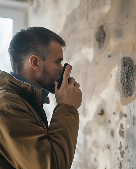 A contractor inspecting moisture damage in a basement.