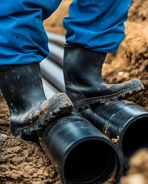 A contractor installing underground drainage pipes in a residential yard.