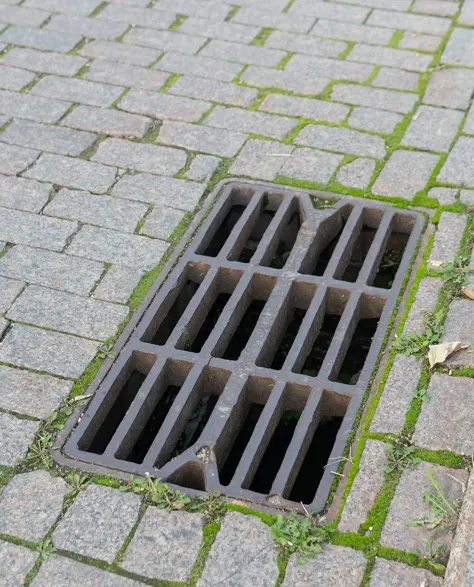 A drain installed in the driveway of a property that collects water runoff