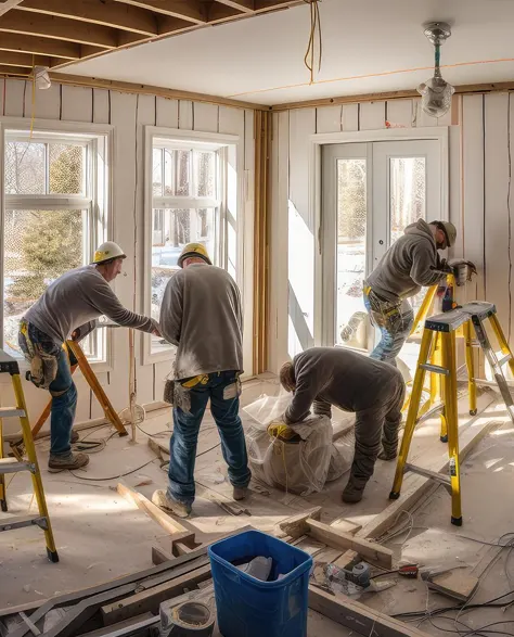 A home undergoing renovation with newly installed steel support beams.