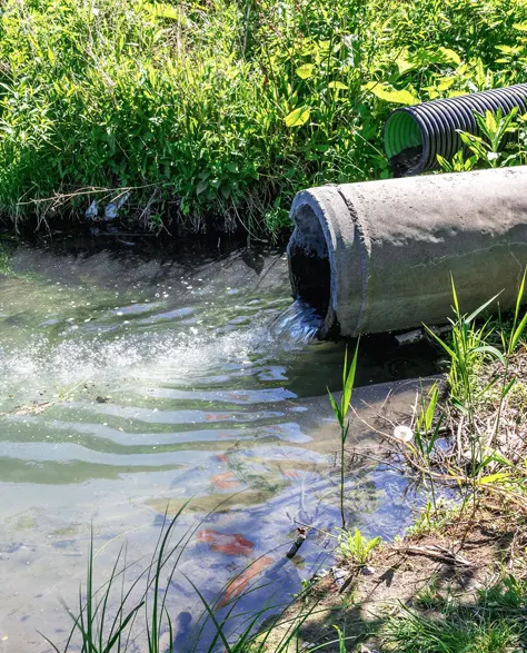 A large drainage pipe expelling water from the catch basin that was collected because of a heavy rain