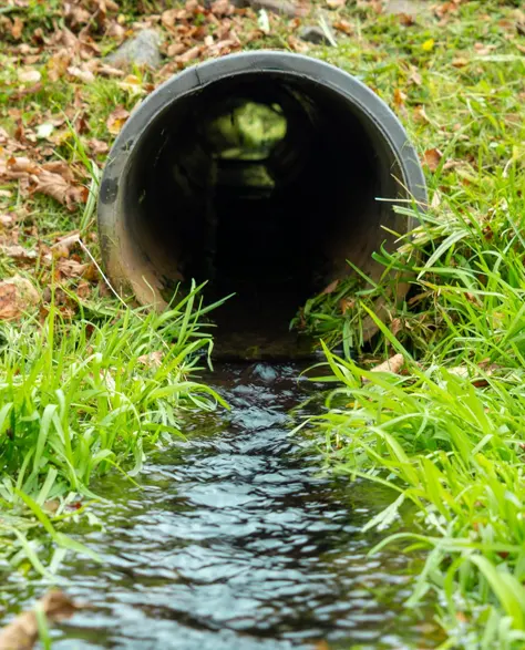 A pipe of a French drain system through which water is flowing