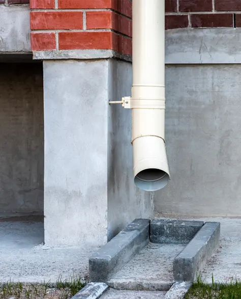 Downspout extension Installation: A white downspout extension draining water into the yard. 