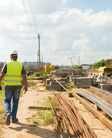 An expert contractor from Zavza Seal LLC in a hard hat and reflective vest walking on a construction site. 