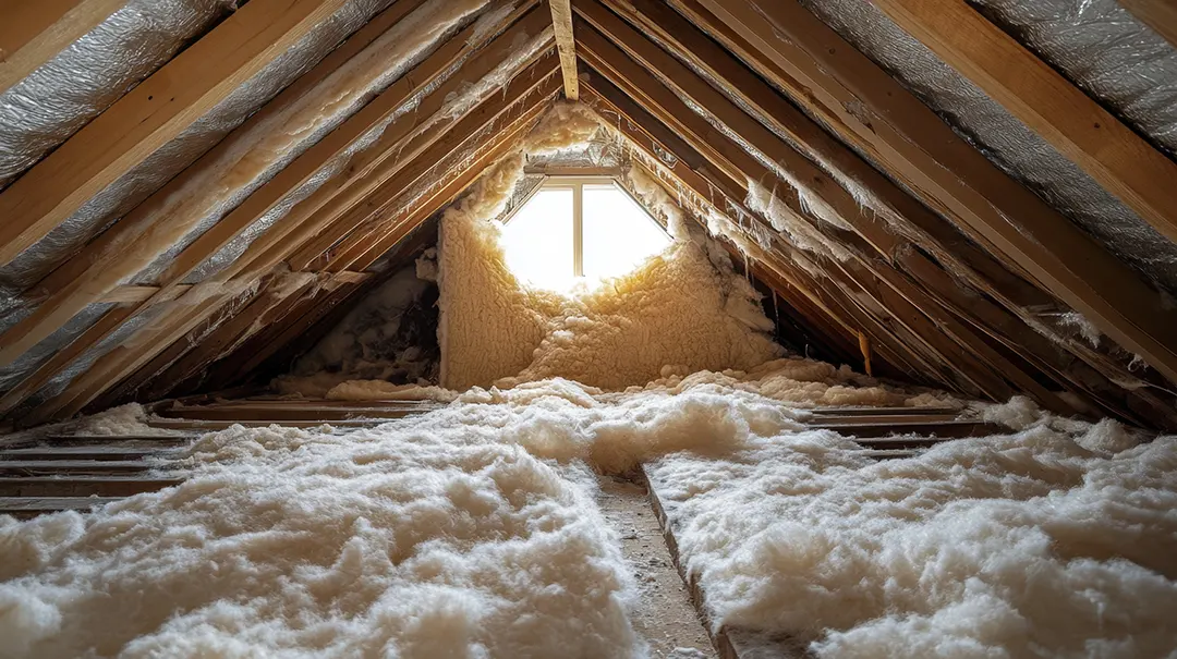 Blown-In Fiberglass Insulation: An image of fiberglass blown in insulation in the attic of a home in Brooklyn