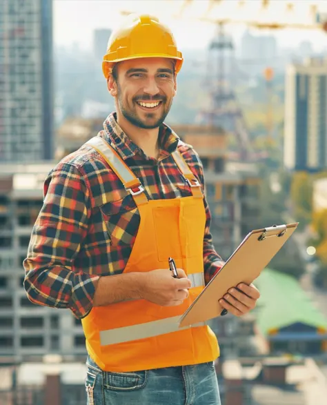 An expert contractor holding a clipboard on a construction site and smiling.